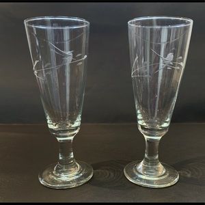 Vintage Princess House Heritage Etched Bird Crystal Pilsner Glasses Set Flutes
